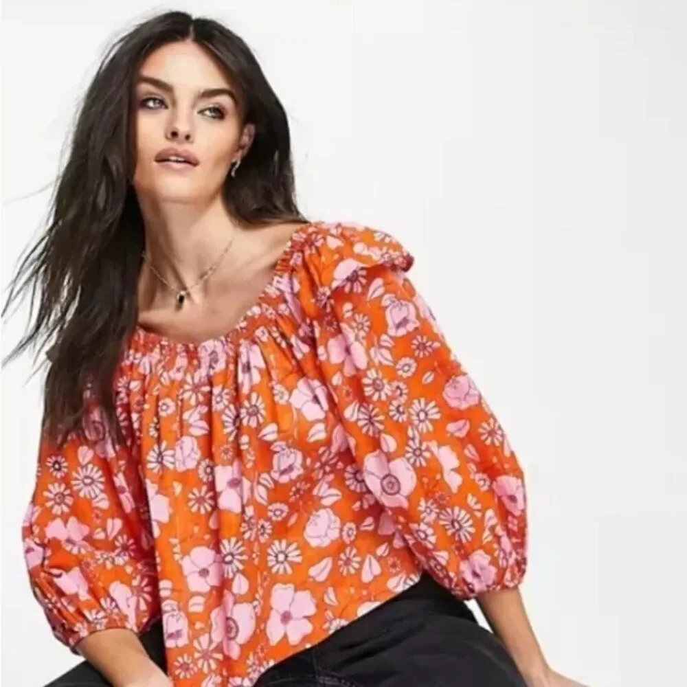 FREE PEOPLE Miss Daisy Floral Off Shoulder Top Ruffle Puff Sleeve Heat Wave Sz M